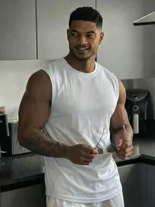 White mesh sleeveless tank top for men featuring breathable fabric for fitness activities
