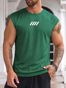 Men's slim fit green breathable mesh athletic tank top with printed design for fitness