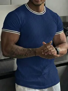 Blue ribbed short sleeve t-shirt for men with striped crew neck and athletic fit.