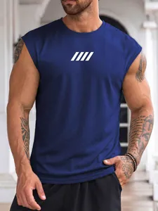 Close-up of breathable mesh fabric and graphic print on blue sleeveless muscle tank