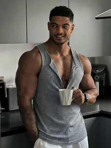 Close-up detail of a men's grey ribbed muscle tank top with a buttoned neckline