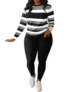 Ensemble chic pour femmes avec haut à manches longues rayé noir et blanc et pantalon