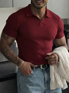 Men's Casual Ribbed Knit Polo Shirt Slim Fit V-Neck Short Sleeve Athletic Fitness T-Shirt Polyester Solid Color Top