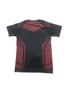 Back view of men's compression T-shirt with black and red athletic geometric design