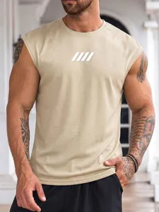 Close-up of men's beige mesh sleeveless fitness tank top with geometric chest print
