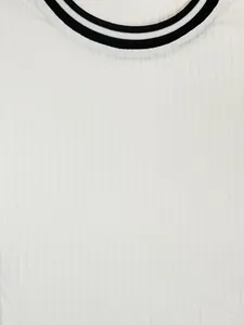 Close-up of white vertical stripe T-shirt with black and white striped ribbed round neck
