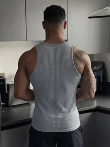 Detailed back view of a men's grey ribbed athletic tank top for summer fitness