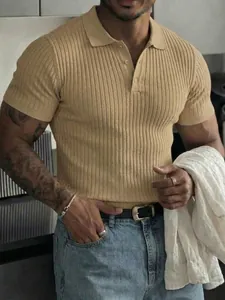 Detailed view of men's beige ribbed knit Polo shirt with three-button collar