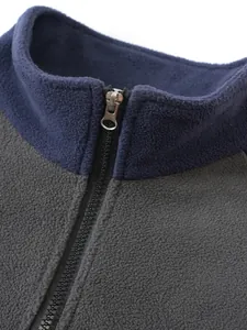 Detalle de una sudadera de forro polar bicolor azul marino y gris con cuello alto.