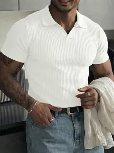 Detailed view of men's white ribbed knit short-sleeve polo shirt with stylish V-neck design