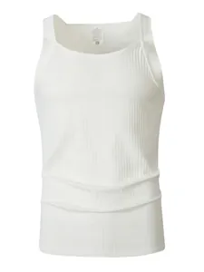 Close-up shot of men's white ribbed knit sleeveless tank top showing fabric texture