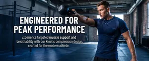 Detail view of male athlete wearing navy blue compression t-shirt for performance sports