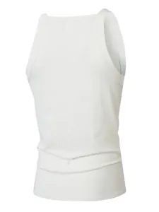 Back view of high-quality white ribbed knit men's tank top featuring slim straps
