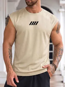 Close-up of men's breathable khaki mesh muscle tank top with minimalist chest print