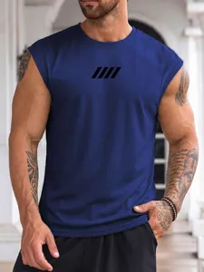 Athletic male model wearing a blue sleeveless mesh gym tank top with a simple chest graphic