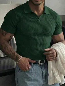 Close-up of men's dark green ribbed Polo shirt with V-neck for casual summer style.