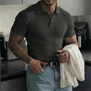 Detailed view of a men's grey slim fit ribbed knit polo shirt for casual summer wear