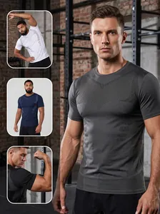 Detailed view of breathable men's athletic short sleeve gym t-shirt in multiple colors.