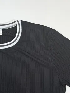 Close-up of black ribbed sports T-shirt featuring a striped round neckline