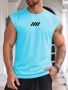 Close-up of men's sky blue breathable mesh gym tank top with muscle fit detail