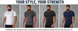 Detailed view of men's athletic t-shirts in four essential colors for gym workouts.
