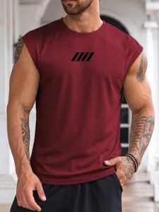 Detail view of men's burgundy mesh fitness tank top showing muscle fit and texture