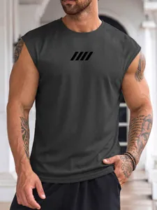 Detail of a charcoal grey men's breathable mesh sleeveless gym vest with chest graphic