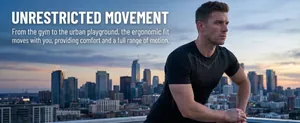 Macro view of men's breathable sports T-shirt for unrestricted urban movement.
