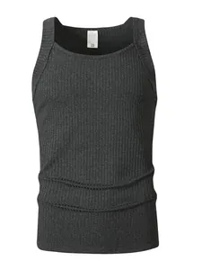 Front view of a dark gray ribbed knit men's tank top showing fine texture and fit