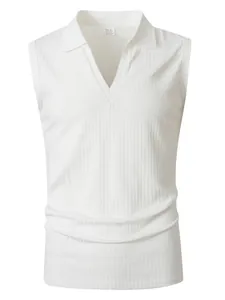 Close-up detail of white ribbed sleeveless polo shirt featuring a V-neck and slim fit