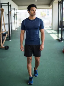 Men's breathable navy athletic t-shirt with compression fit for gym and outdoor sports.