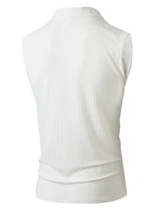 Back view of a white ribbed sleeveless Polo shirt for men with a slim fit design
