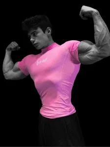 Herren Kompressions-T-Shirt in Pink für Fitness, schnelltrocknendes Sportoberteil