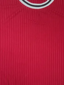 Close-up of red ribbed quick-dry fabric and striped crew neck on a men's t-shirt