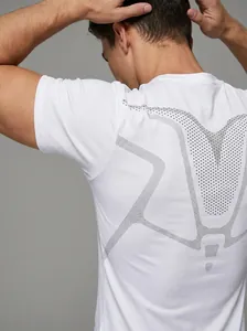 High-quality back detail of men's white breathable sports T-shirt with dotted design