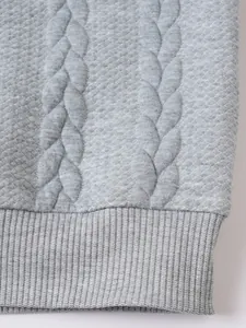 Dettaglio macro di maglione grigio a trecce con bordo a coste e trama a rombi
