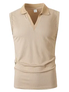 Close-up detail of men's sleeveless ribbed Polo shirt in beige with V-neck collar design