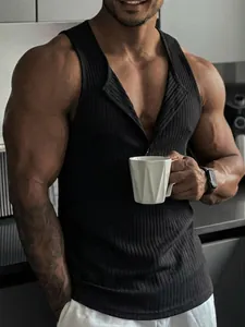 Close-up of black ribbed men's fitness tank top featuring a stylish multi-button neckline