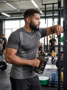 Athletic fit men's grey breathable sports T-shirt shown in a professional gym setting