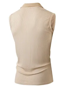 Detailed back view of a men's khaki slim fit sleeveless ribbed Polo shirt with texture