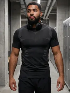 Close-up of black breathable sports T-shirt for men in a gym setting
