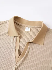 Close-up of V-neck collar and ribbed fabric texture on men's sleeveless Polo shirt