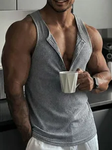 Detailed view of a men's gray ribbed fitness tank top featuring button neck design