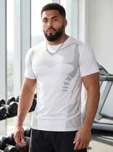 Men's breathable athletic t-shirt with geometric patterns in a gym setting.