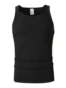 Close-up of men's black ribbed knit tank top with slim straps for gym and training