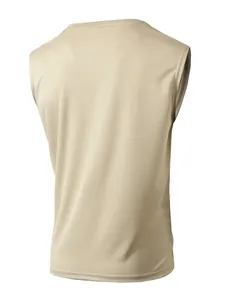 High-quality detailed rear view of a men's breathable mesh sports tank top in sand color