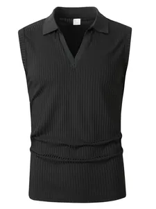 Detailed view of the black ribbed texture and V-neck polo collar on this sleeveless vest