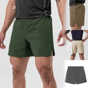Detailed view of men's solid color quick-dry running shorts in multiple colorways.
