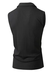 Back view of men's black ribbed sleeveless Polo shirt showing slim fit and collar detail