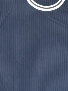 Close-up detail of navy blue ribbed quick-dry t-shirt featuring a striped round neckline